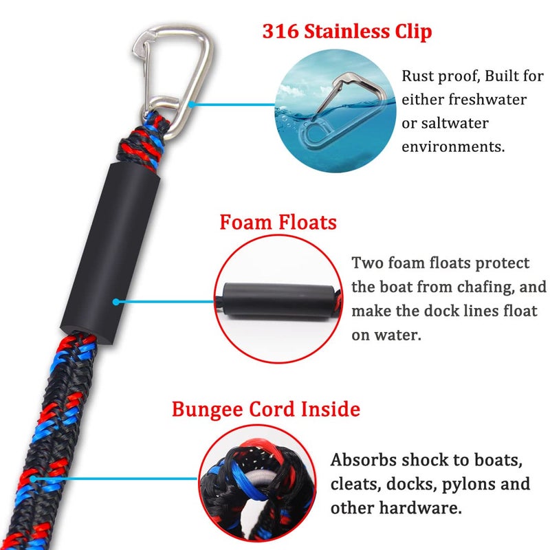Botepon Boat Bungee Dock Lines with 316 Stainless Clips - Shock-Absorbing Jet Ski Dock Line, PWC Accessories, Boat Mooring Line/Tie Downs for Bass Boat, Fishing Pontoon, Dinghy - 4Feet - Image 3